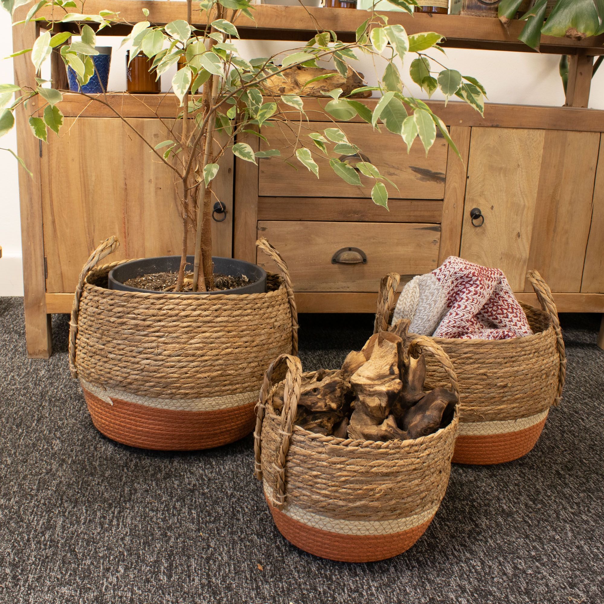 Straw & Seagrass Large Baskets - Natural & Orange- Set of 3